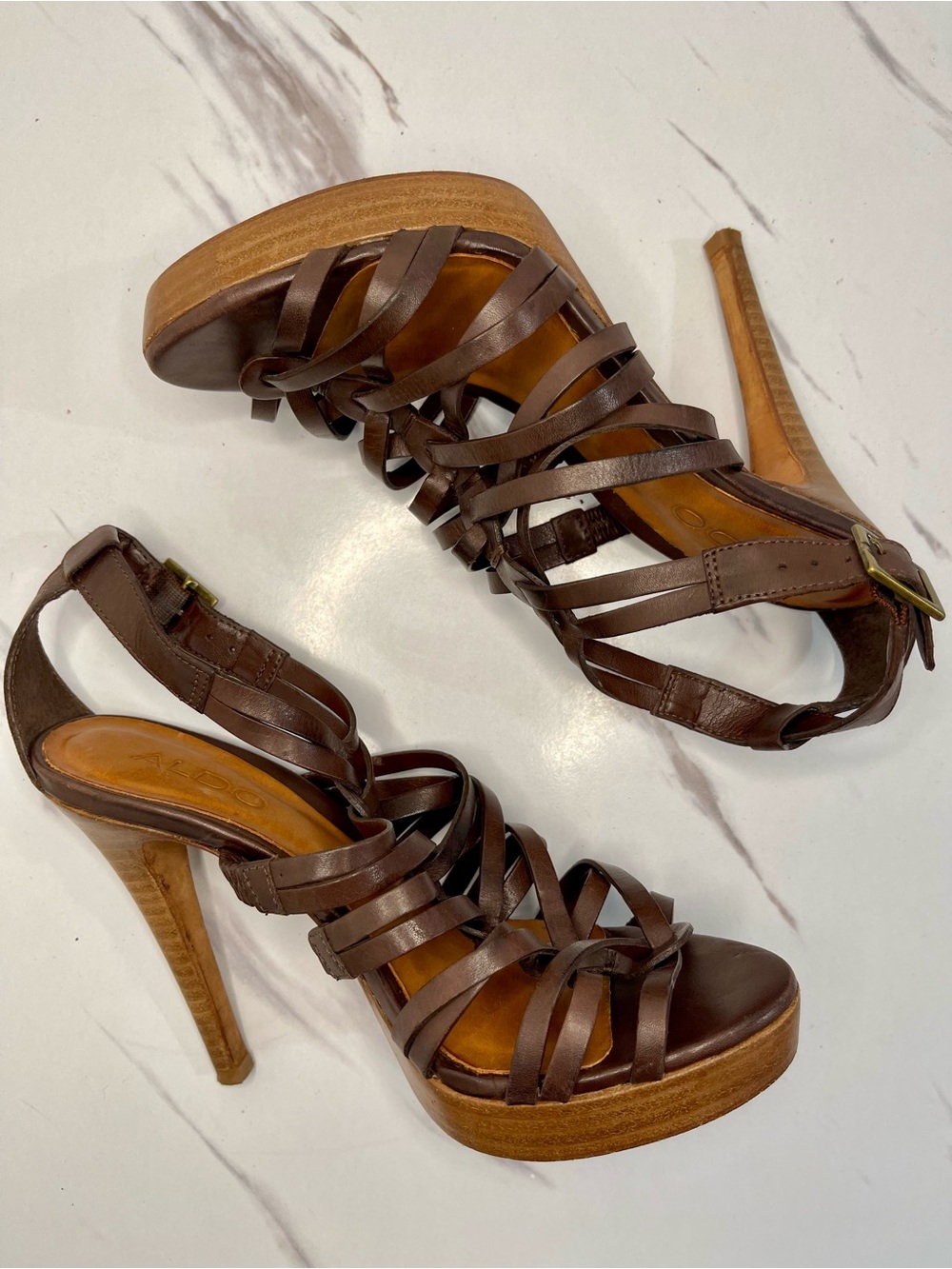 Aldo Brown Strappy High Heel Sandals with Intricate Design Sz EU 37/ US 6.5-7 - Picture 4 of 12